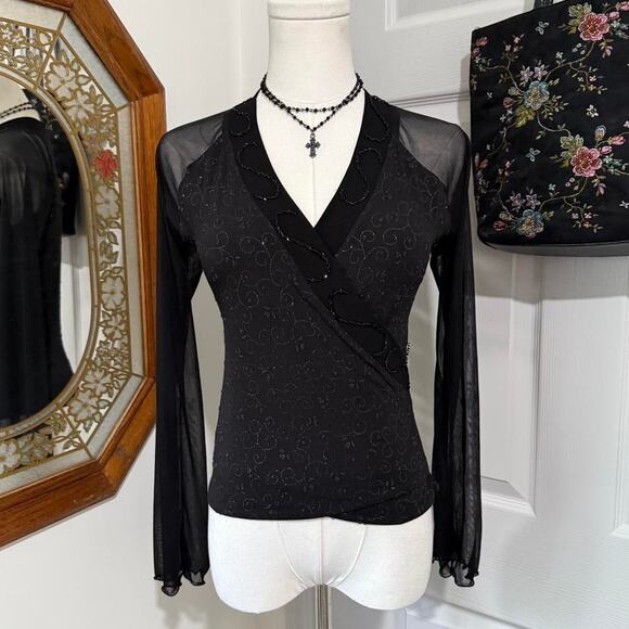 VTG Y2K Hani Black Sparkly Swirl Pattern Beaded Faux Wrap Bell Sleeve Whimsy Top - Picture 1 of 8